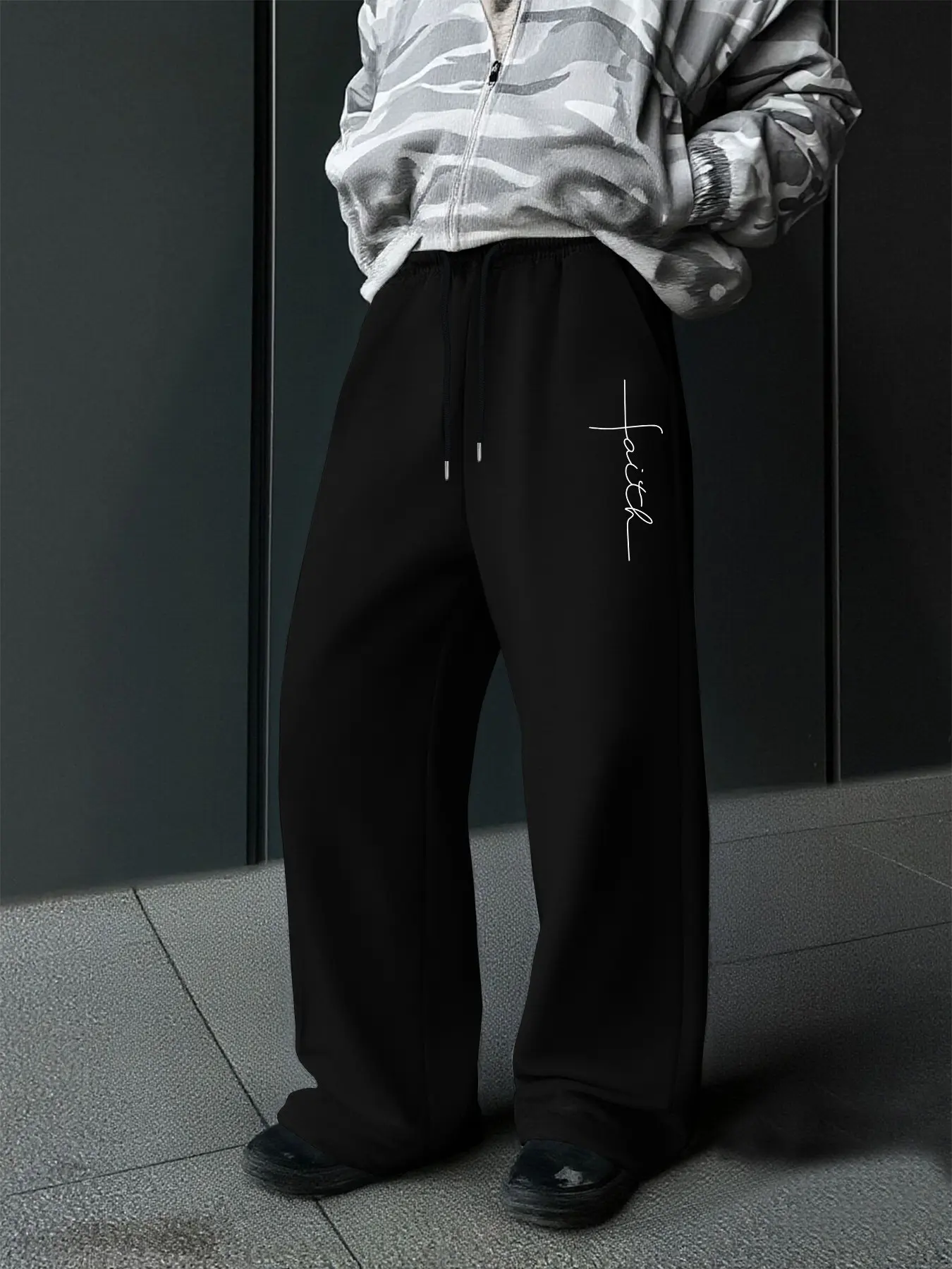 Men's Casual Loose-Fit Jogger Pants, Cross Faith Graphic Pattern Print, Drawstring Wide Leg Printed Sweatpants, Athleisure Style Bottoms, All-Season Men's Clothing