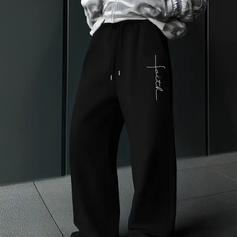 Men's Casual Loose-Fit Jogger Pants, Cross Faith Graphic Pattern Print, Drawstring Wide Leg Printed Sweatpants, Athleisure Style Bottoms, All-Season Men's Clothing