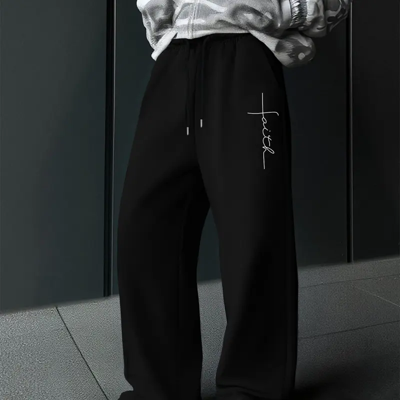 Men's Casual Loose-Fit Jogger Pants, Cross Faith Graphic Pattern Print, Drawstring Wide Leg Printed Sweatpants, Athleisure Style Bottoms, All-Season Men's Clothing