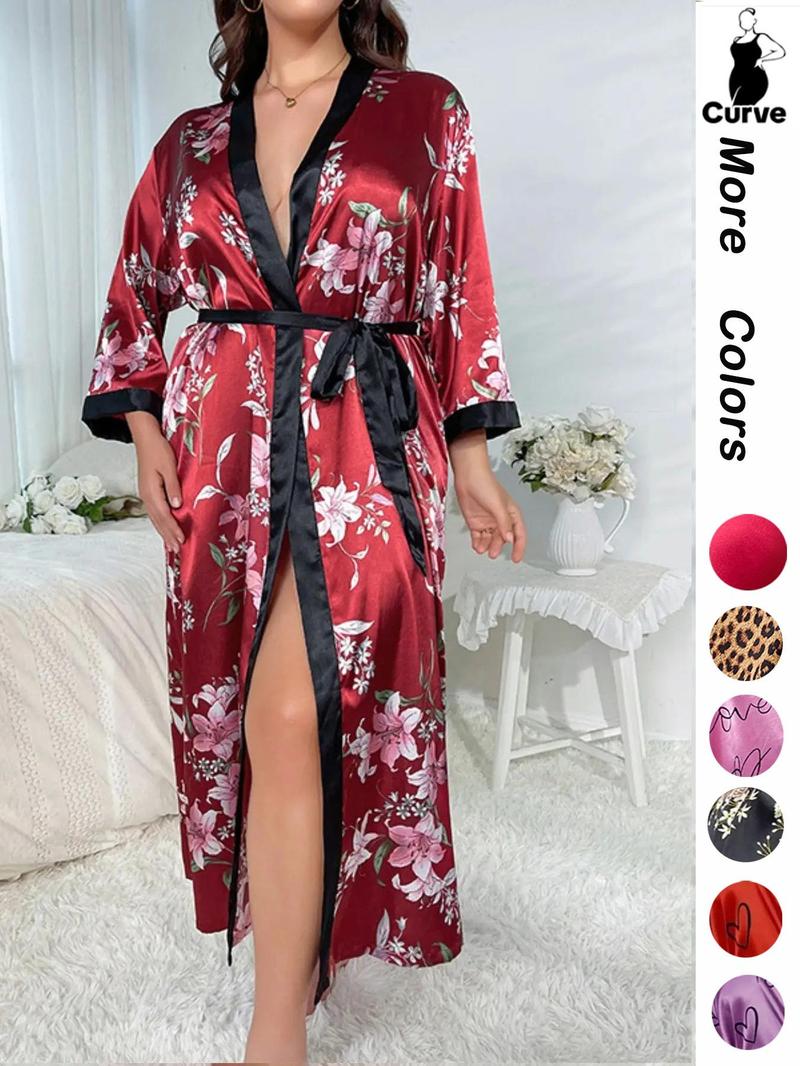 [Plus Size] Halloween Print Belted Wrap Long Sleeve Loose Loungewear Robe, Women Long Sleeves Nightwear, Fall Lady Long Lounge Robe Gowns, Halloween Pajamas, Robes for Women, Floral Print Robe, Wrapped Belted Robe, Casual Soft Bathrobe Womenswear Vneck