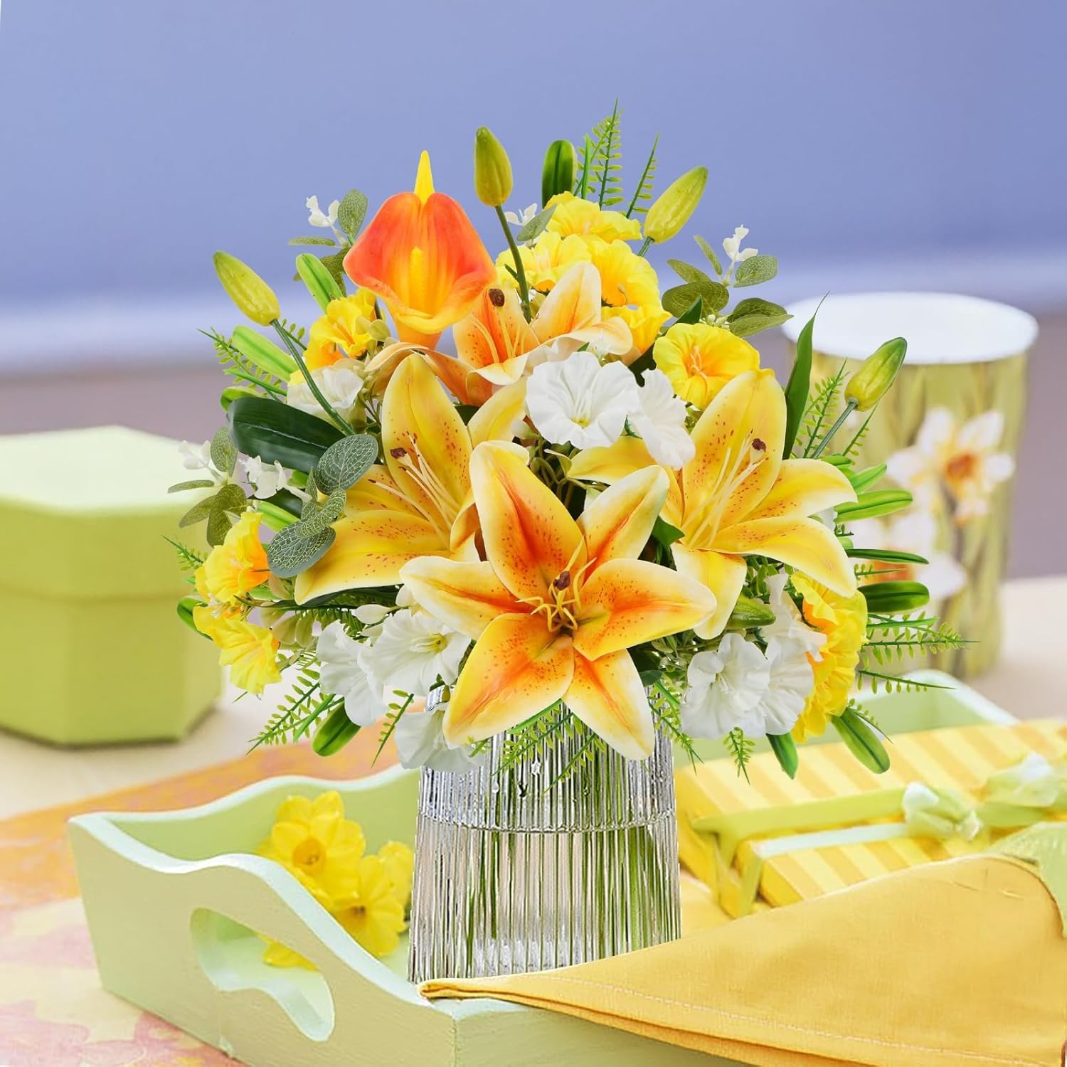 Yellow Flowers Bouquet 11 Stems Artificial Tiger Lilies Mixed Faux Morning Glory Calla Lily; Fake Flowers Spring Decorative Flowers Floral Arrangement for