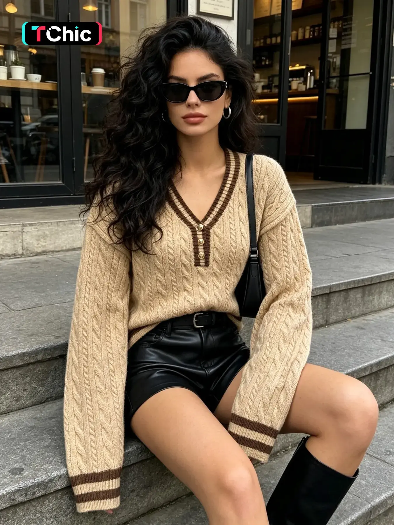 Elegant V-Neck Buttoned Cable Knit Pullover, Fashionable Minimalist Colorblock Casual Sweater, Versatile Women's Knitted Top