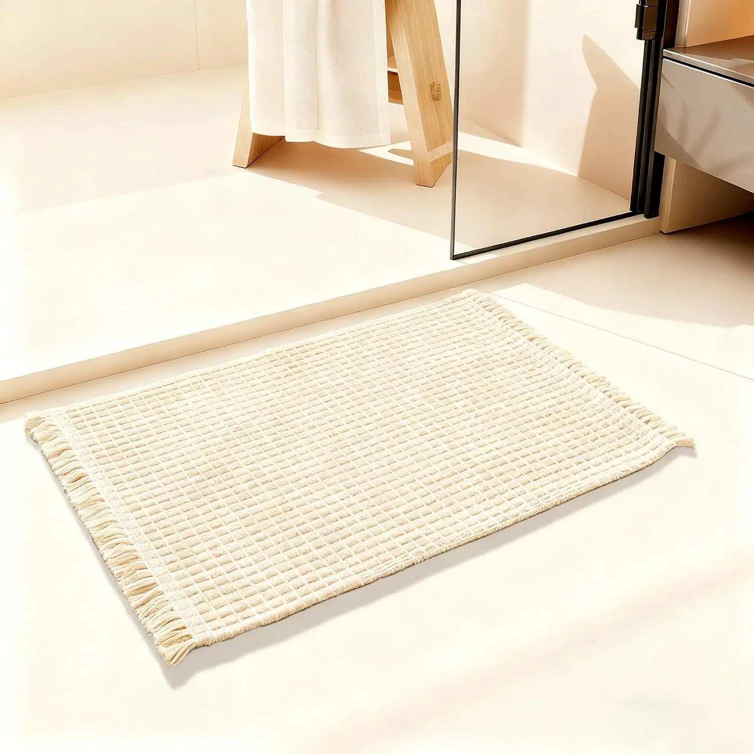 Beige Bathroom Rugs with Tassels Soft Boho Rug Nonslip Bath Mat for Bathroom Mats Water Absorbent Solid Bath Shower Rug Washable Floor Mats Decoration for Bedroom Living Room,15.7" x 23.6"