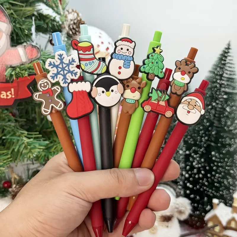 18/28pcs Creative Cute Cartoon Christmas Snowman Shaped Retractable Ballpoint Pens, Includes 8/18 Random Pens, 10 Refills, Back-to-School and Christmas Holiday Series Press-Style Ballpoint Pens, Colors Random