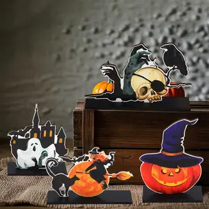 2D Flat Halloween Party Decor, Wooden Centerpiece with Witch, Black Cat, Broom, Pumpkin and Bat Patterns, Battery-Free Classic Table Ornament, Spooky Themed Decor for Indoor & Outdoor Home Festival Parties