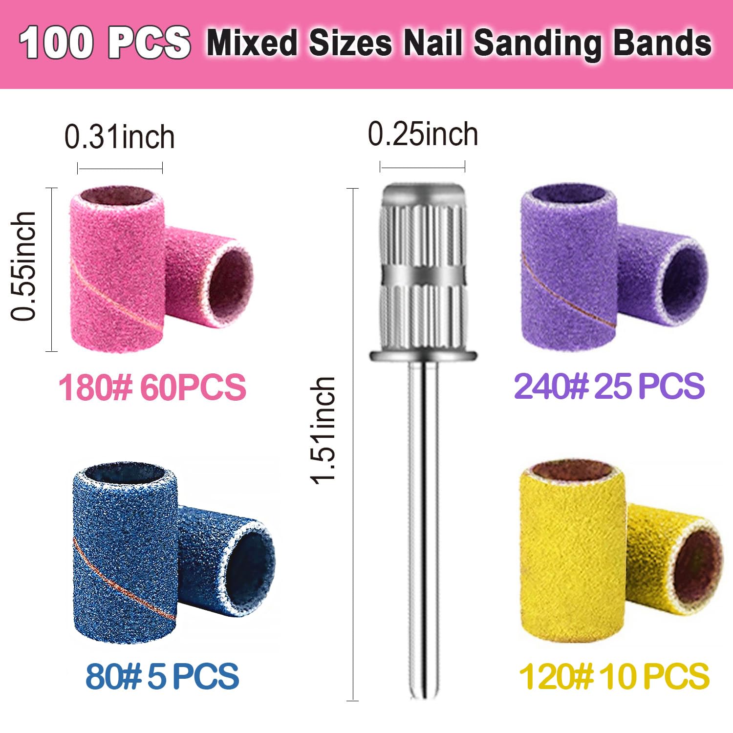 Drill Bits 100 count Sanding Bands for  Drill,  Tips for Drill Bits  Tech, Mix 80#120#180#240# Fine Grit File Sanding Bands for  Gel Manicures and Pedicure