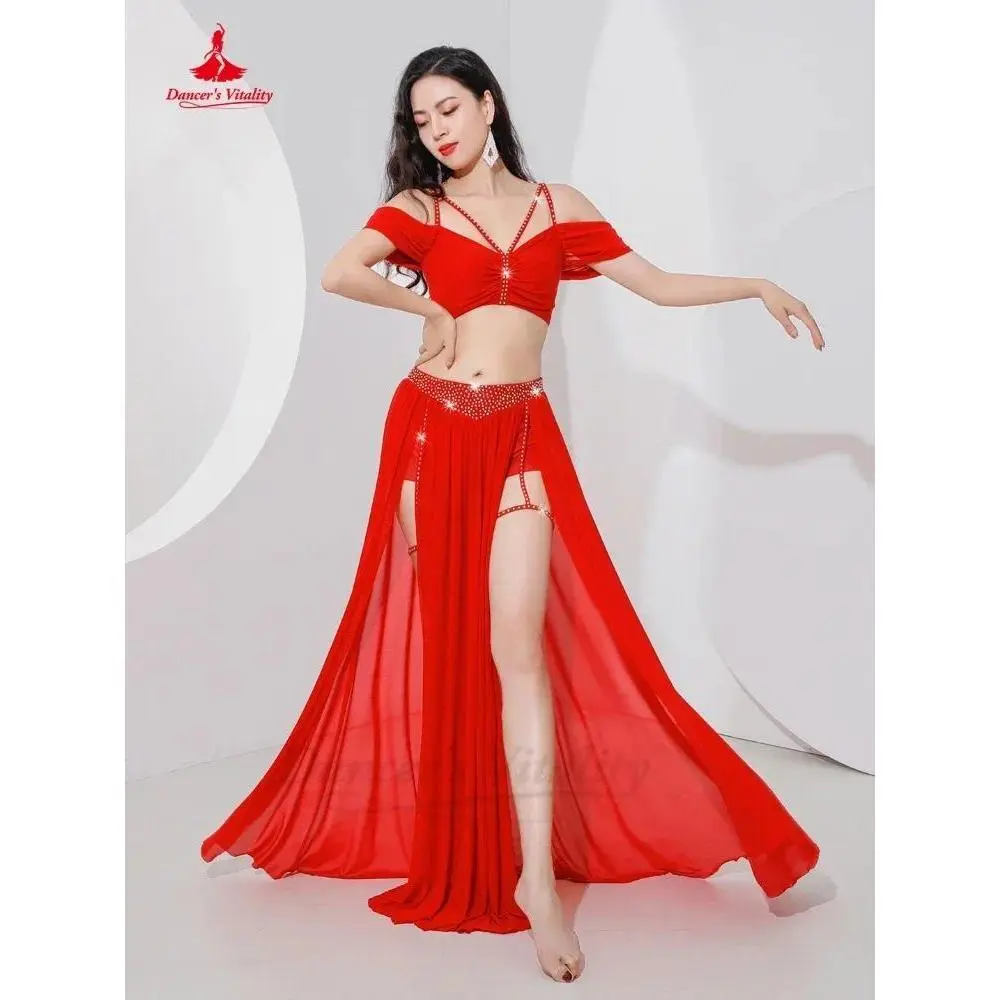 Belly Dance Professional Suit for Women Mesh Short Sleeves Top+sexy Split Long Skirt 2pcs Girl's Oriental Belly Dancing Suit