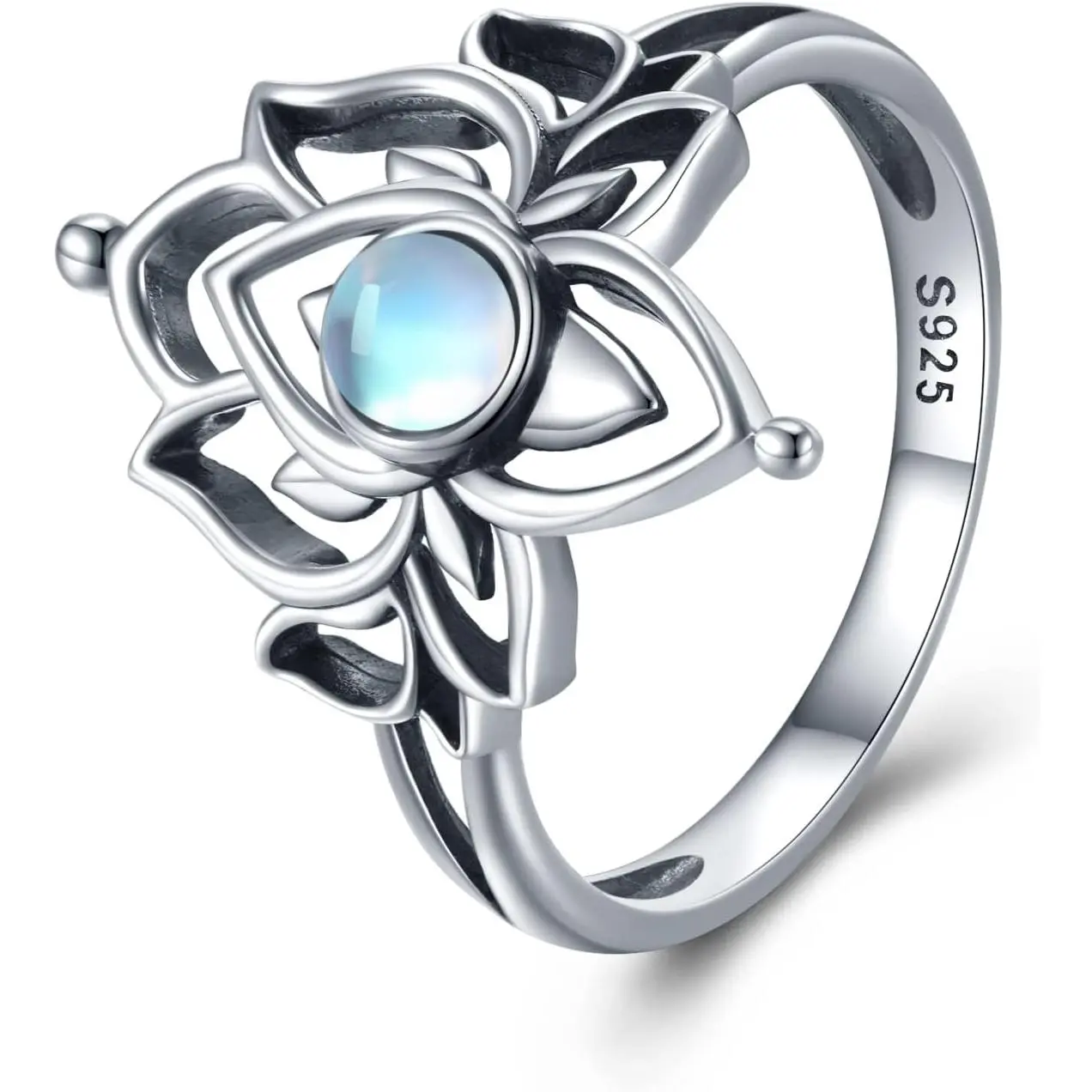 Moonstone Lotus Rings for Women 925 Sterling Silver Lotus Flower Ring Vintage Spiritual Yoga Lotus Jewelry for Women Lotus Gifts
