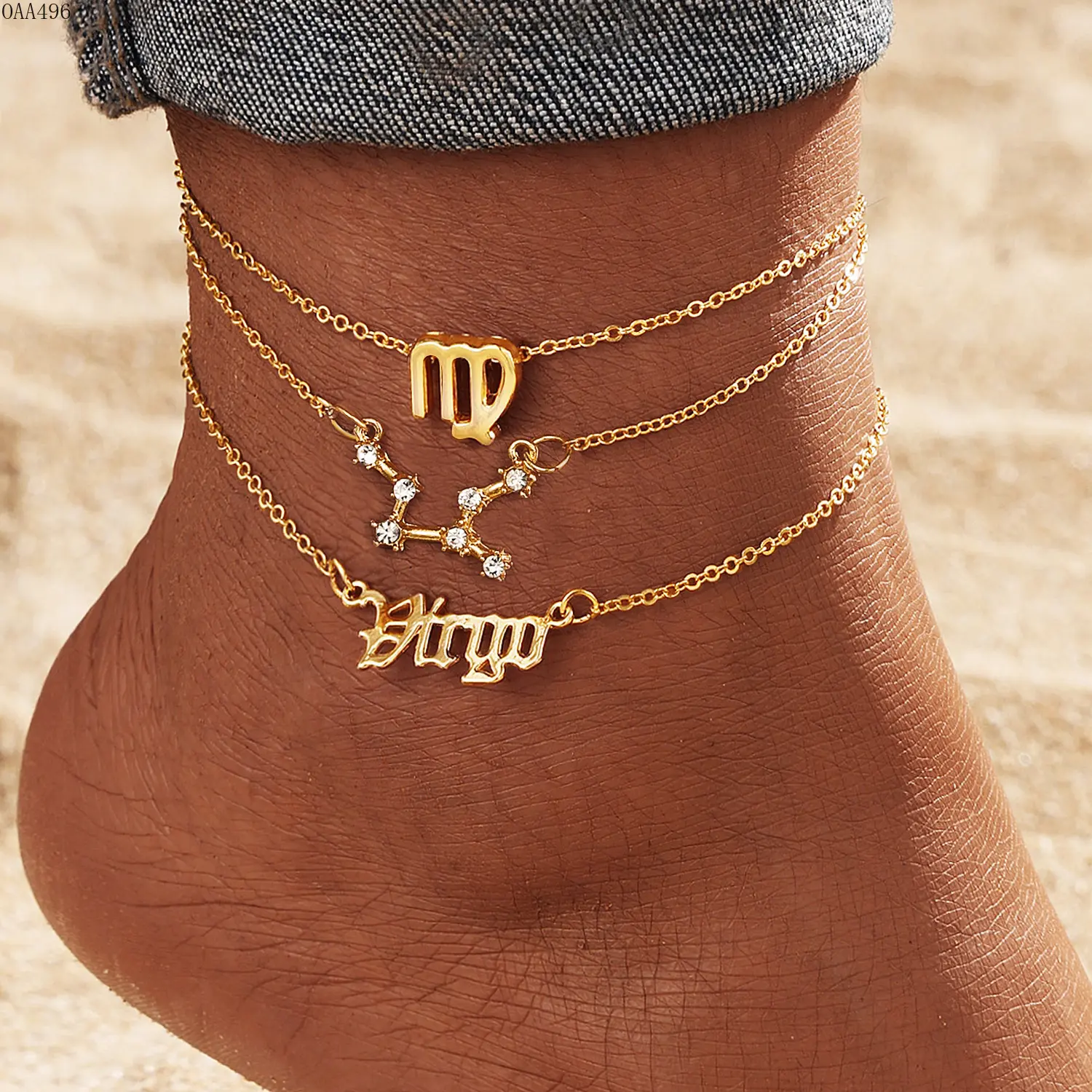Female 3-Piece Constellation Anklet Kit - 12 Constellation Designs, Vintage Letter & Symbol Rhinestones, Adjustable Chains, Summer Beach Vacation & Daily Casual Sport Outdoor Accessory