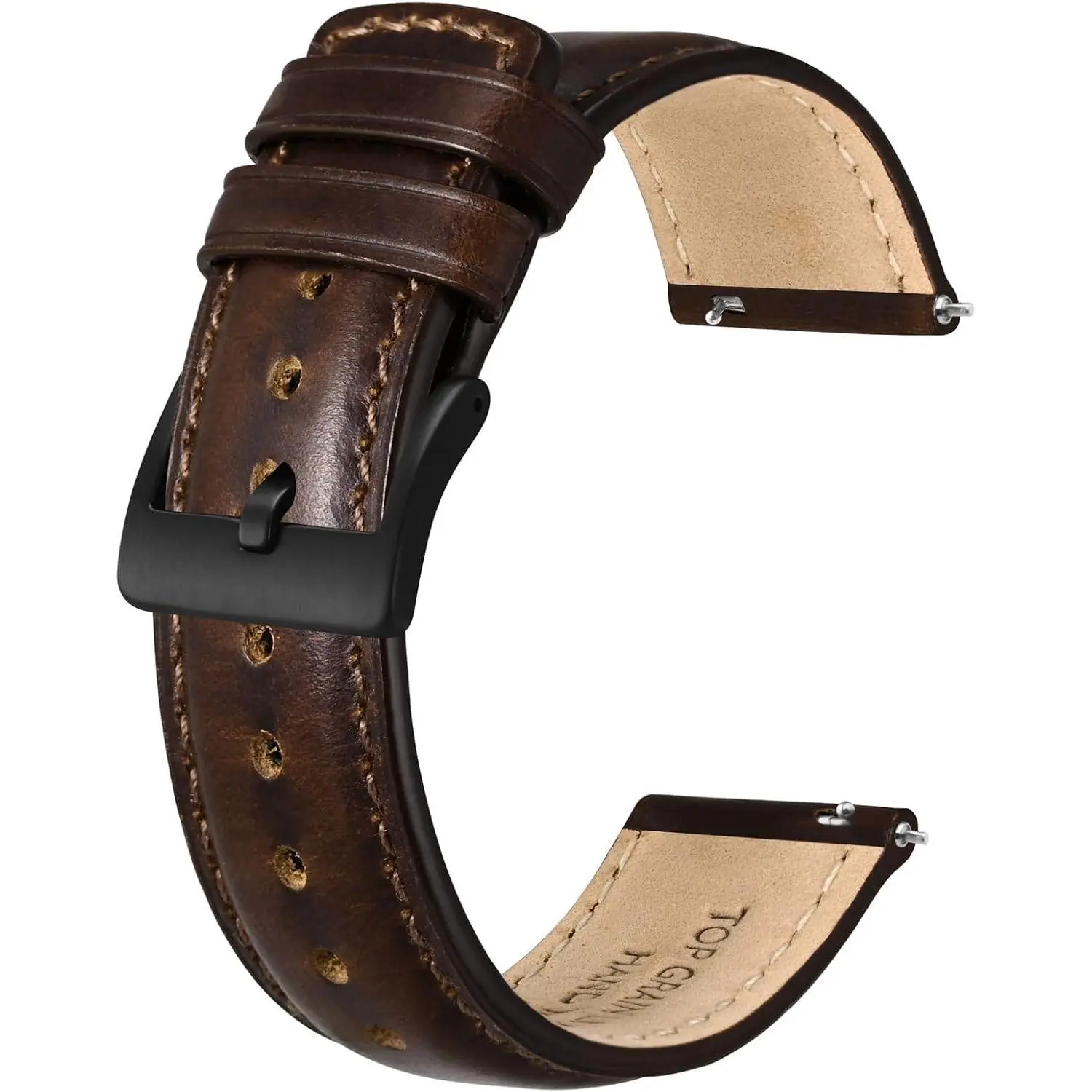 20mm Oil-Tanned Genuine Leather Watch Strap, Unisex Quick-Release Band for Casual Everyday Wear - Dark Brown with Black Buckle