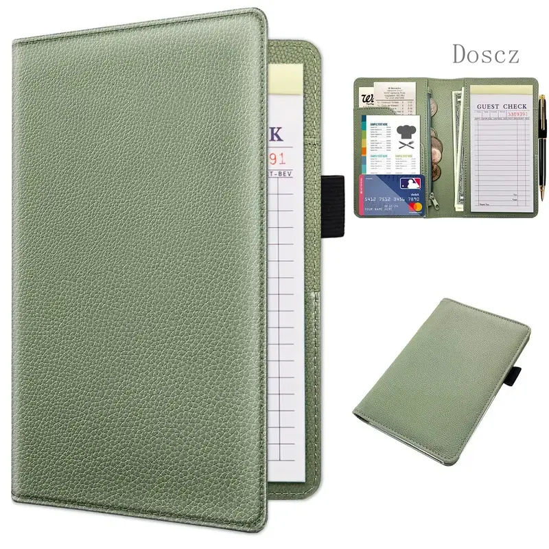 Premium Leather Server Book - Compact Stationery Supplies for Adults, Women, Accounting Needs, with Zipper Pocket, Pen Slot, Wallet, Files Organizer, Agave Green