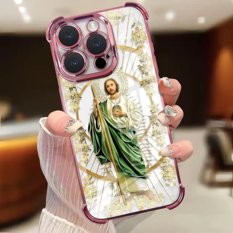 Four-corner anti-fall St. Judah pattern mobile phone case, suitable for iPhone 17 16 15 14 13 12 11 Pro Max, anti-fall, shockproof, transparent, St. Judah mobile phone protective cover, strong mobile phone protection.QXA004