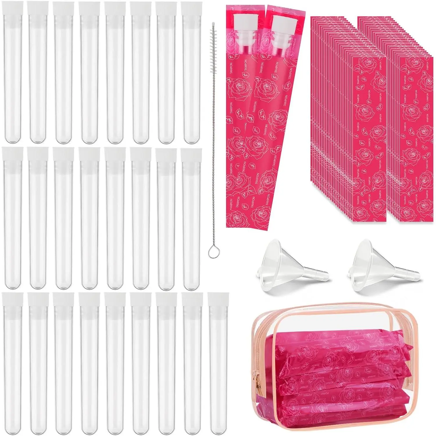 Tampon Flask Set 79 Pcs, 25 Reusable Leak-Proof Plastic Tubes with 50 Self-Adhesive Wrappers, 2 Funnels, Straw Brush, Bag, Travel Flasks for Women, Flask Containers for Cruise, Concert, Sports Events
