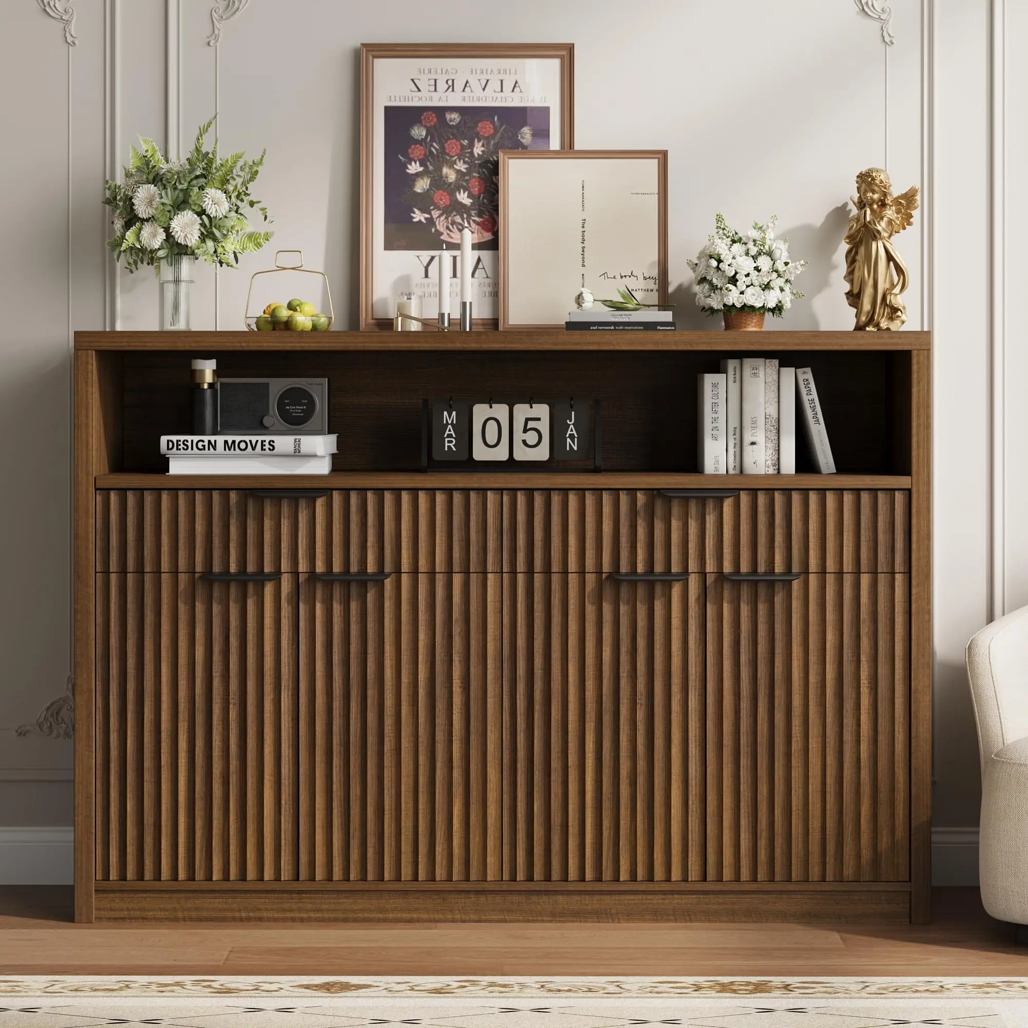 Modern Buffet Sideboard Cabinet, 51" Wide - Doors & Adjustable Shelves - Wooden Kitchen/Dining Storage Hutch for Serveware & Coffee Bar