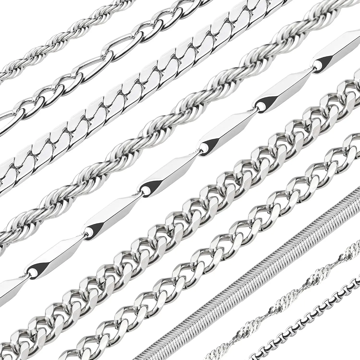 10 count Chains for Men  Necklace Stackable Stainless Steel Chains Set Mens  Set  Cuban Link Figaro Chain