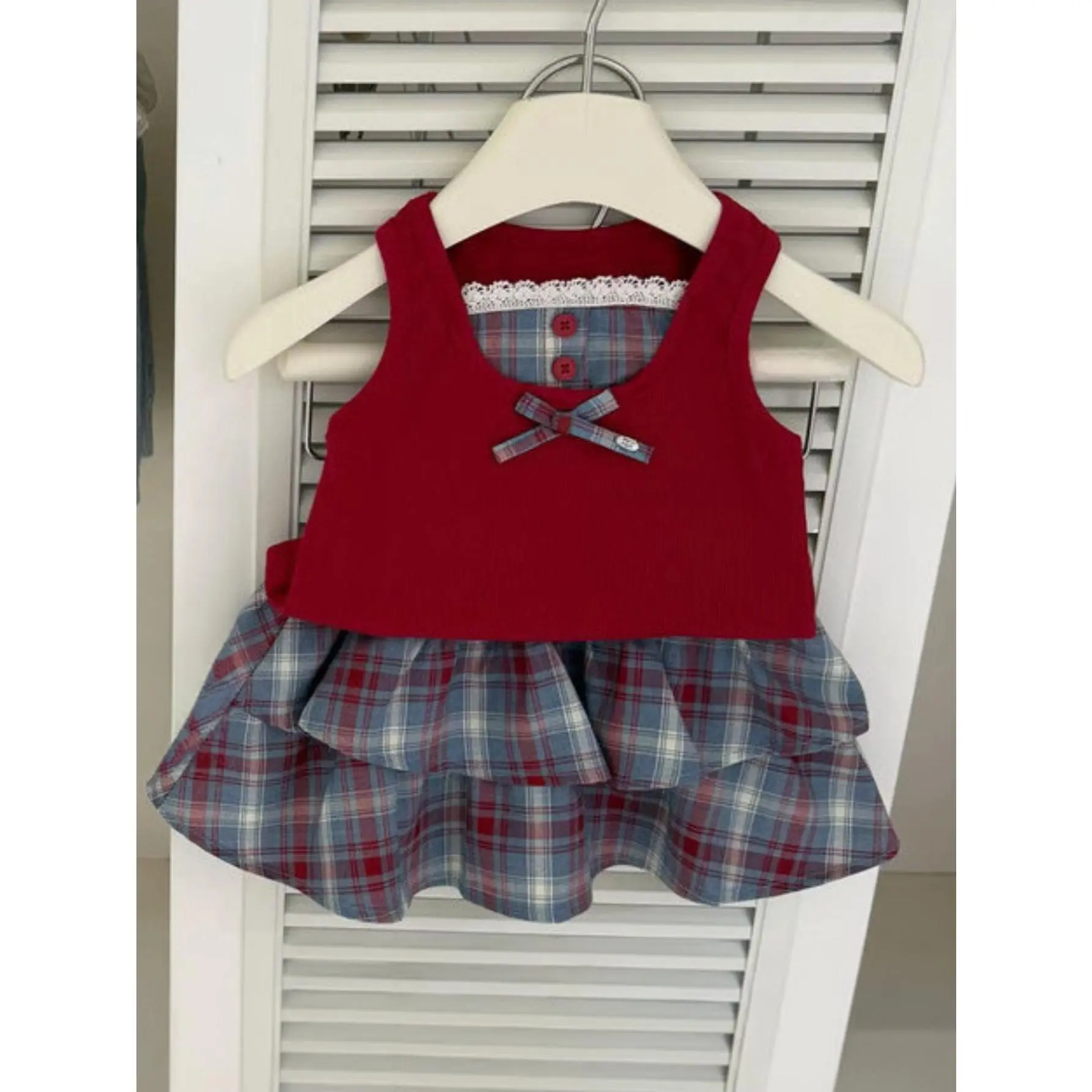 Girls' 2-Piece Summer Polyester Outfit - Sleeveless Tank Top, Plaid Pattern Tiered Skirt, Korean Preppy Style Versatile Kids' Clothing Set, Korean Cute