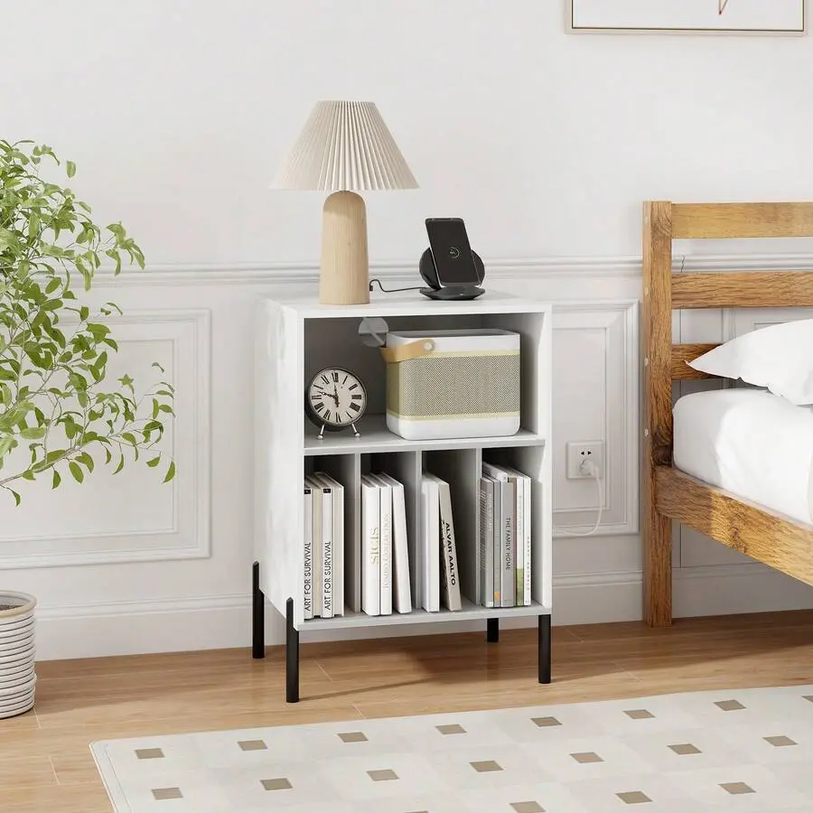 Record Stand with Charging Station, 5 Storage Compartments, Anti-Toppling Kits