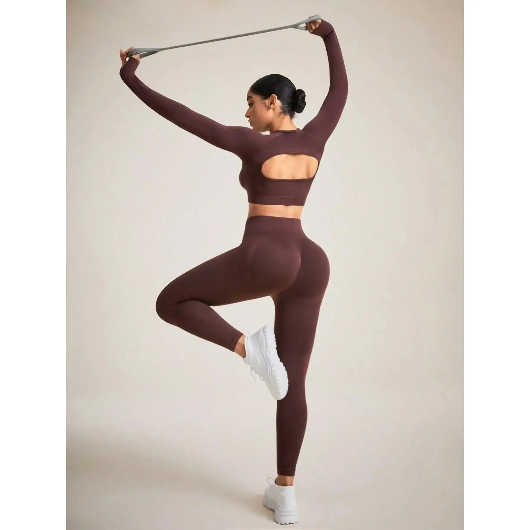 Women's Yoga Set, Long Sleeve Thumbhole Pants, Backless Design, Sporty Style, Spring & Fall, High Waist, Compression Wear, Compression Sportswear Set-HAN