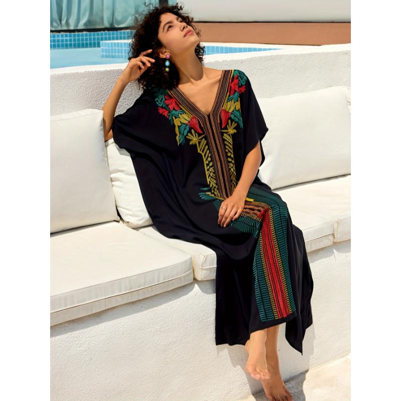 Moroccan Kaftan Dresses For Women Plus Size Caftans Loungewear Embroidered Beach Kaftan Cover Up Mumu House Dress Casual Sleeve