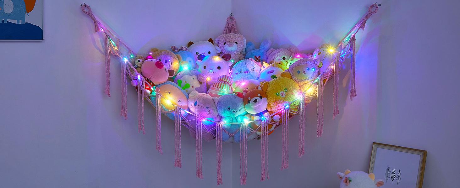 Basumee Stuffed Animals Net or Hammock with LED Light, Hanging Stuffed Animals Storage Toy Hammock Net Corner Wall Girls Room Decor Toy Storage Organizer, Pink, XL