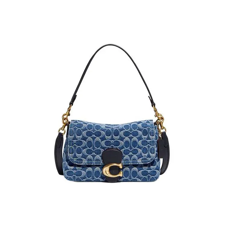COACH Tabby 26 Wavy Caramel Denim Crossbody Bag for Women, Medium Size, Jeans Blue