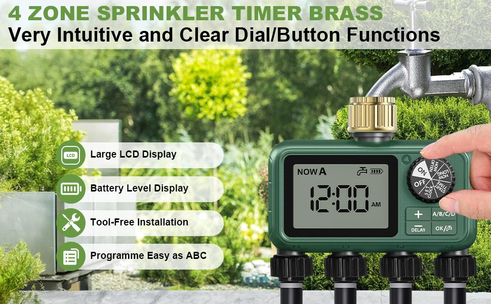 4 Zones Brass Inlet Timer for, Sprinkler Timer for Faucet with Auto/Manual/Rain Delay Mode, Sprinkler Irrigation Controller for Yard Lawn