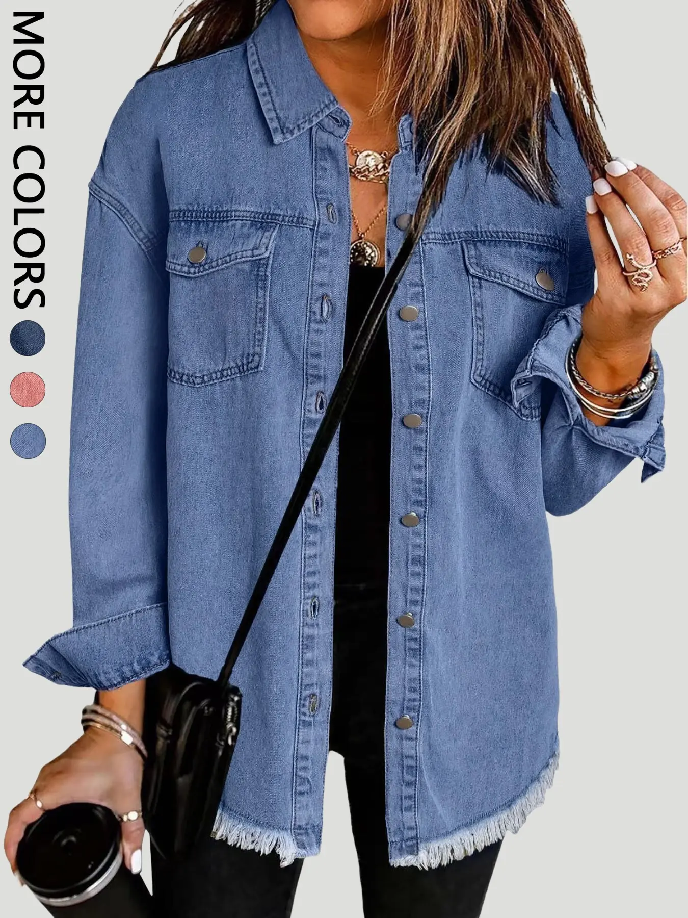Spring Summer Denim Shacket Women | Button Down Long Sleeve Frayed Raw Hem Loose Fit Light Wash Denim Jacket Coats | Casual Chic Vintage Style for Daily Vacation Travel Wear