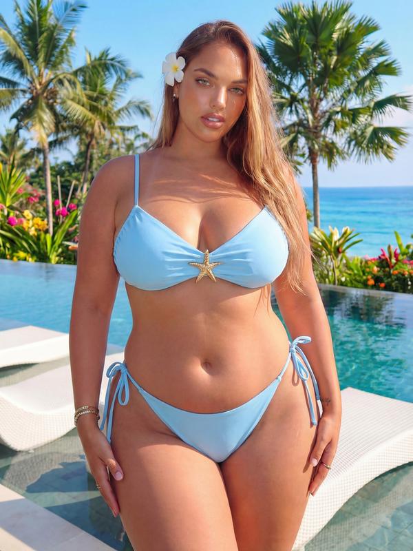 [Plus Size] Two-Piece Set Solid Color Bikini Set, Casual Fashion Chic Spaghetti Strap Bikini Top & Tie Side Swim Bottom Two-piece Swimsuit for Beach Holiday Vacation, Women's Swimwear for All Seasons