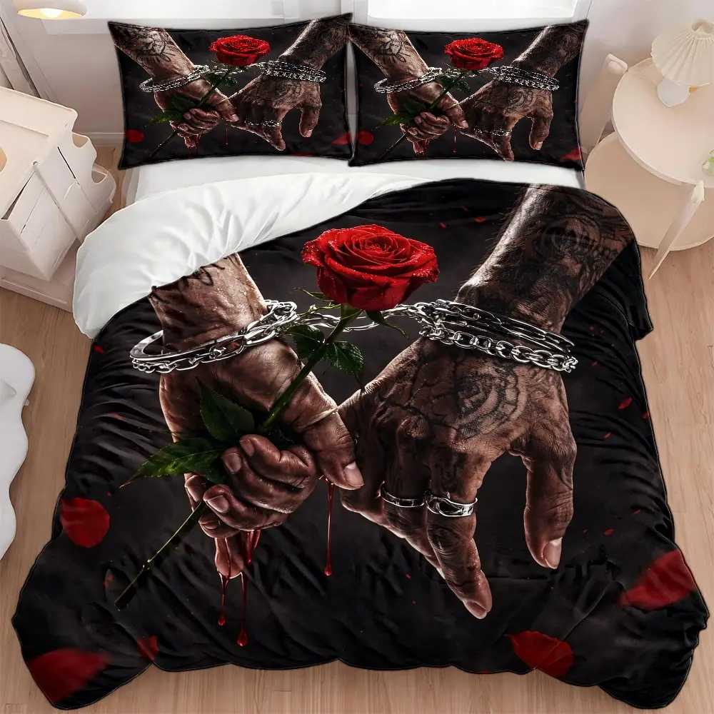 3PC Dark Rose Tattoo Chain Bedding Set - 1 Duvet Cover + 2 Pillowcases, Invisible Zipper Double Bed Cover, All-Season, Machine-Washable, Personalized Design for Home Dormitory Use boho floral quilt valentine gift halloween lightweight queen comforter beds