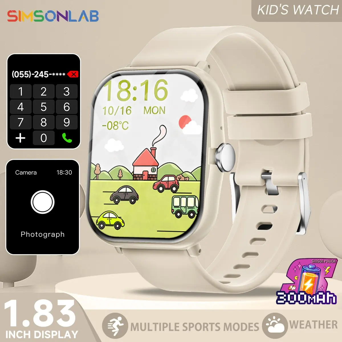 SIMSONLAB Children's Smart Watch, Multifunctional Smartwatch - Suitable for Boys and Girls - Features Wireles Call, Music Playback, Large Battery Capacity, Customizable Dials, Multiple Sports Modes, and Find My Watch Function - Gift for Kids