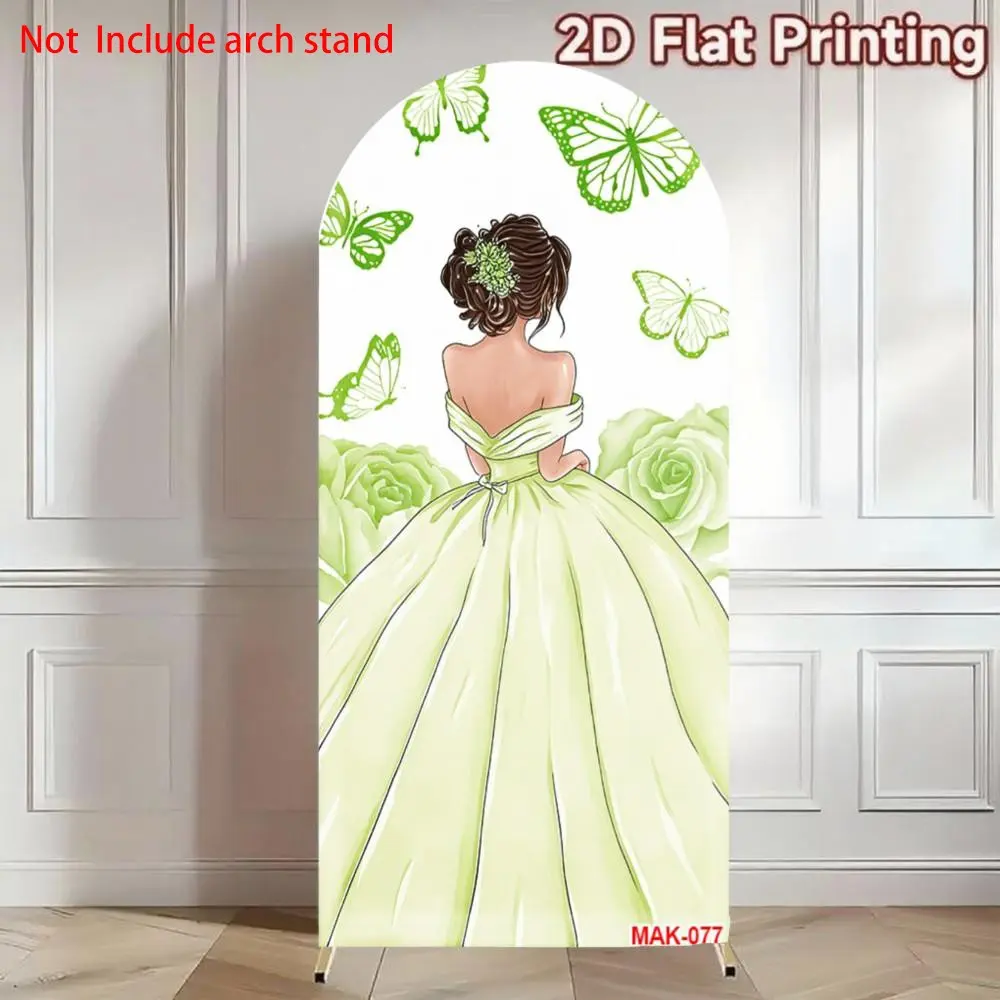 Quinceanera Green Princess Dress Butterfly Arch Backdrop Cover for 15th Birthday Girl Party Sweet Celebration Decoration Backdrop Banner