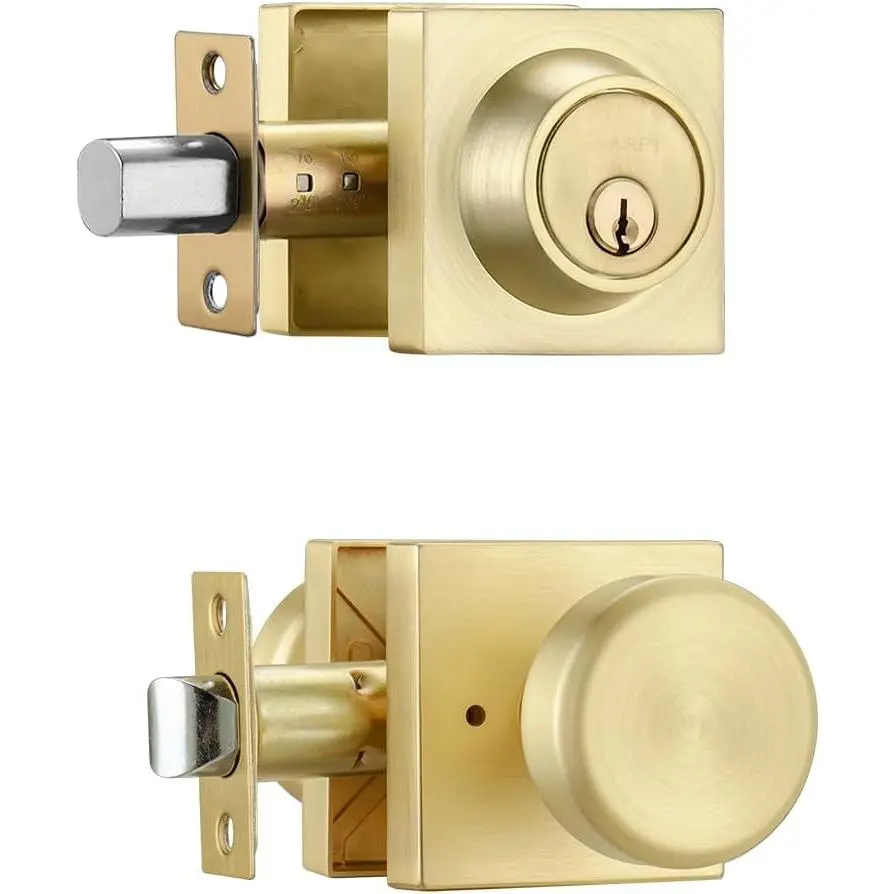 Satin Brass Door Knob with Lock, Exterior Door Lock Set with Deadbolt,Square Exterior Door Knobs