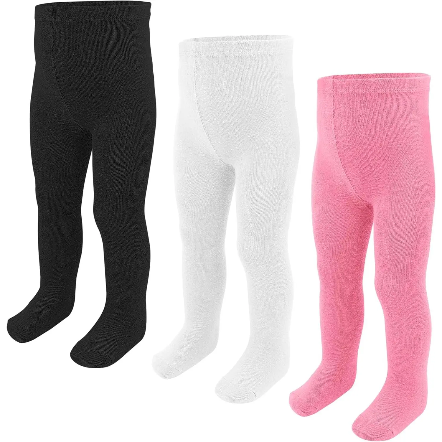 Baby Girls' Knit Cotton Full-Length Tights - 3-Pack Pantyhose for Newborn Toddler Girls (0-9 Months, 18-24 Months) - Color Options: Light Pink+Oatmeal+Burgundy, White+Grey+Purple, Stockings