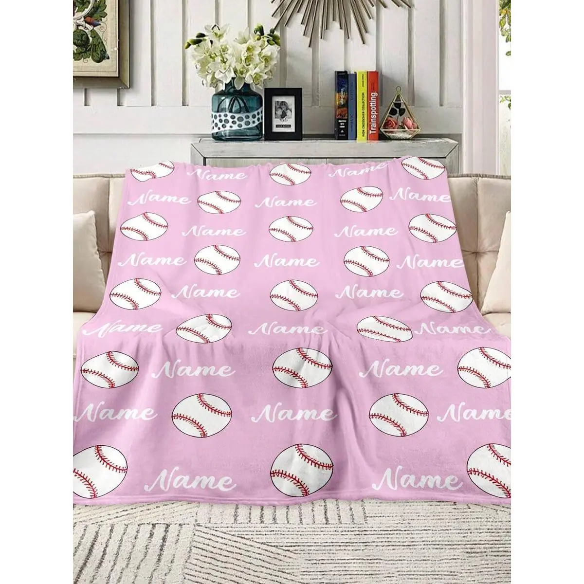 Customized 30x40 in Pink Softball Flannel Throw Blanket - Personalized Name Allover Print, Cute Baseball Print, Wrinkle Resistant, Lightweight, Modern, Multi Size, Breathable Cozy Warm Couch Throw, Teen Girl Softball Player Gifts, Room Decor