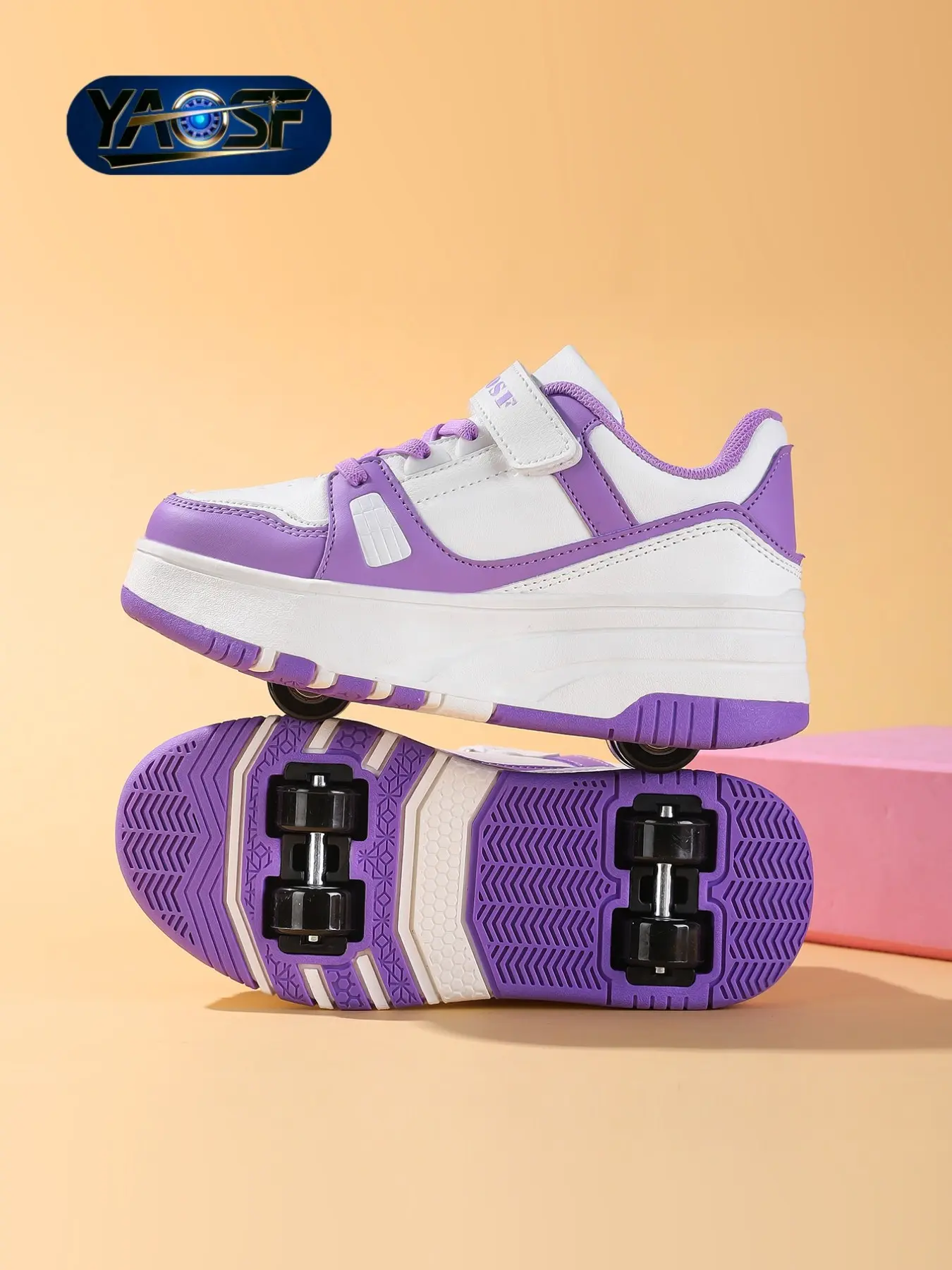 Yaosf Detachable Four-Wheel Roller Skates, PU Wheel, Velcro Strap, Anti-Slip Thick Sole, Unisex Kids Skate Shoes, All-Season Outdoor Sneakers