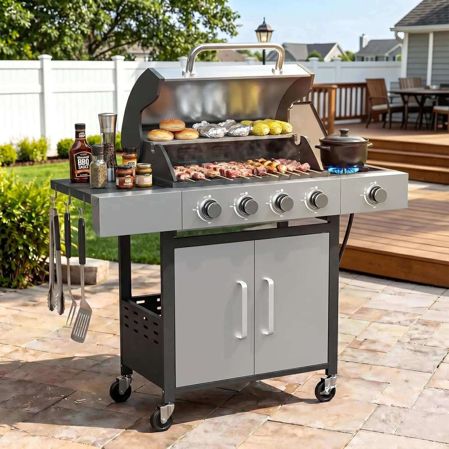 Aoxun 4-Burner Propane Gas Grill with Side Burner, 49000 BTU Stainless Steel Outdoor Grill, Cast Iron Cooking Grates, Side Shelves for Patio Backyard, Black & Silvery