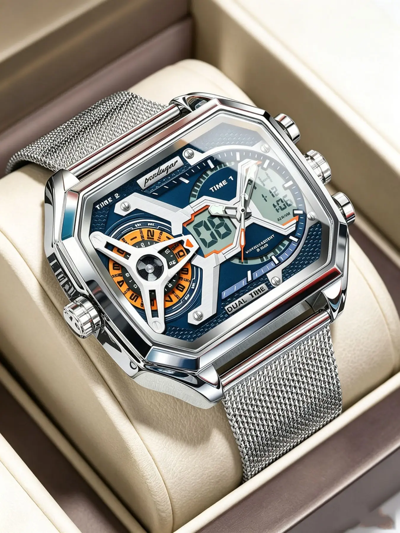 Men's Retro Square Watch, Multifunctional Quartz-Electronic Hybrid, Luminous Hands, Date, Day, Alarm, El Backlight, Hourly Chime, Quartz Analog Wristwatch, Analog Digital Watch