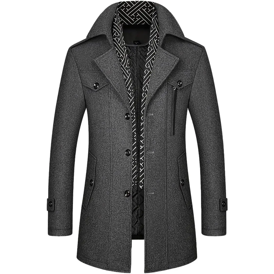 Men's Wool Blend Coat Warm Winter Trench Coat with Detachable Soft Scarf Single Breasted Pea Coat