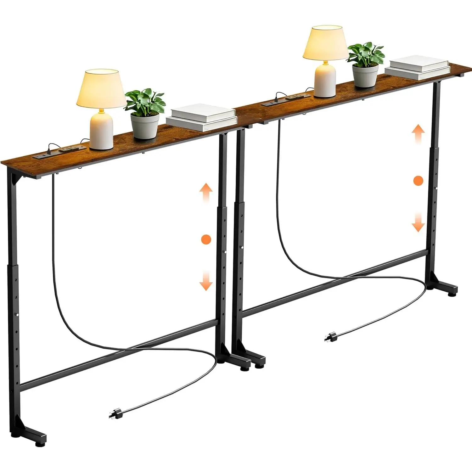 2 Pack Adjustable Height Narrow Console Table with Power Outlets, 70" Long Sofa Table with Charging Station Behind Couch Table Entryway Table for Living Room and Hallway – Rustic Brown