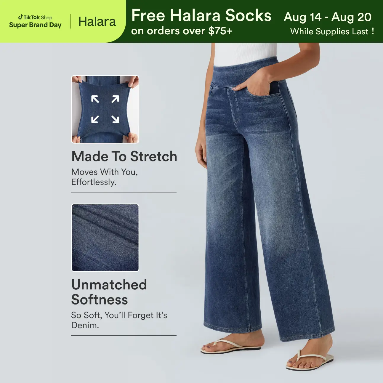 Halara Flex™ High Waisted Pockets Baggy Wide Leg Washed Casual Jeans