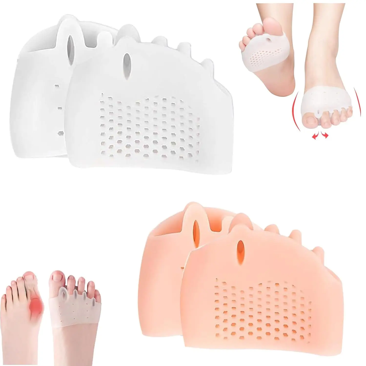 2 Pairs Silicone Toe Separators, Bunion Corrector Cushion, Metatarsal Pads, Ball of Foot Cushions, Breathable Soft Gel Foot Cushions for Men Women Straighten Overlapping Toes, Realign Crooked Toes