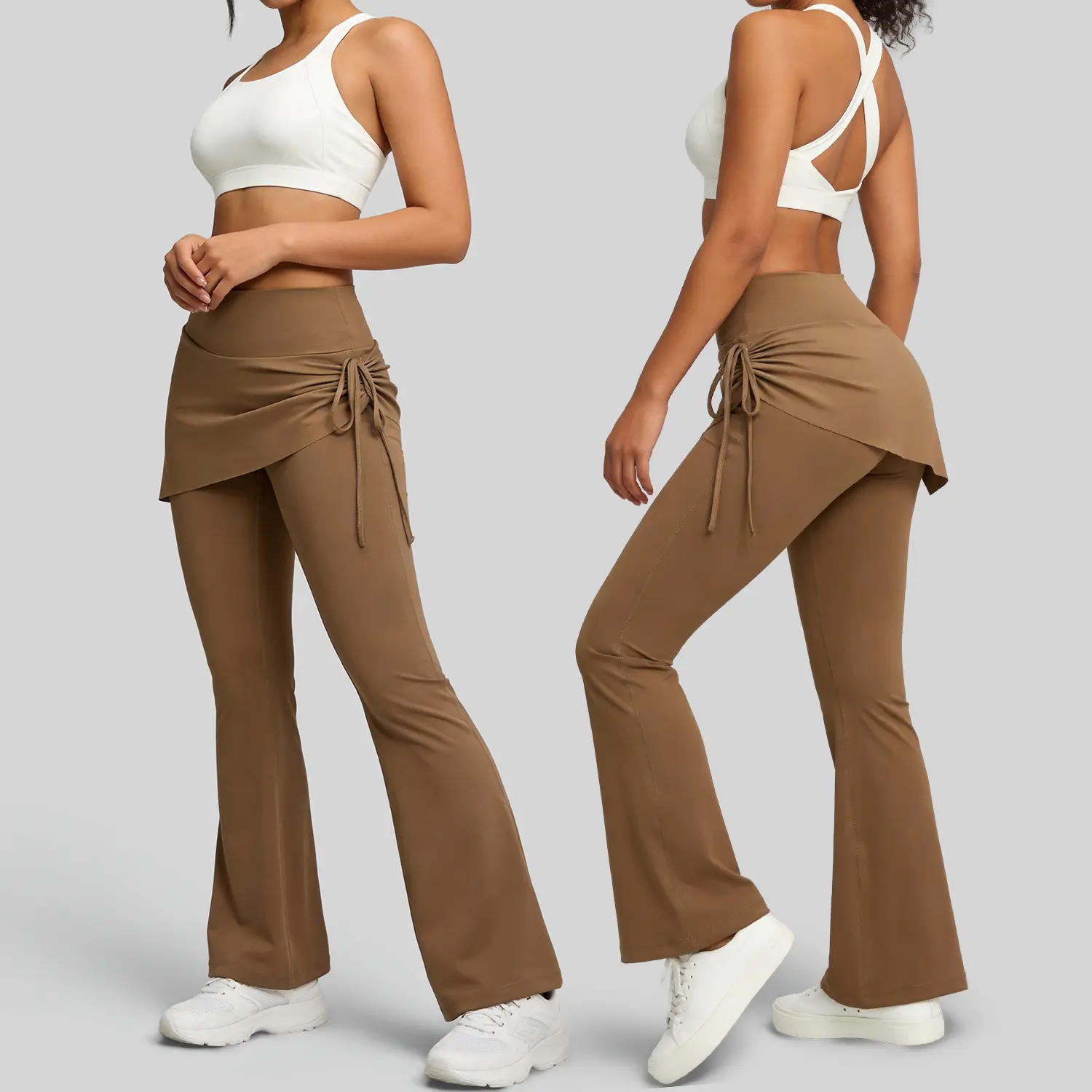 2026 New Women High Elastic 2-in-1 Flared Leg Yoga Pants, High Waist Tummy Control Bootcut Leggings, Fixed Non Detachable Adjustable Side Drawstring Wrap Skirt Overlay Design, Non See-Through Slim Activewear Trousers for Fitness, Tennis, Golf and Daily Ca