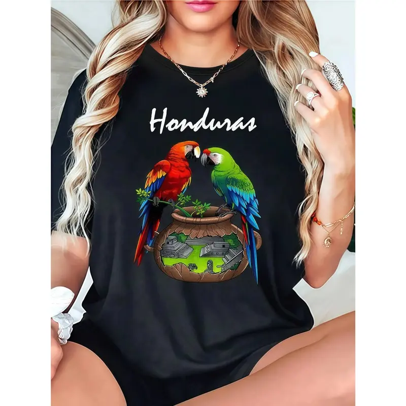 Women's Short-Sleeve Basic Cotton Smooth T-Shirt, Honduras Parrots & Cultural Landscape Graphics, Central American Heritage Tee, Shortsleeve