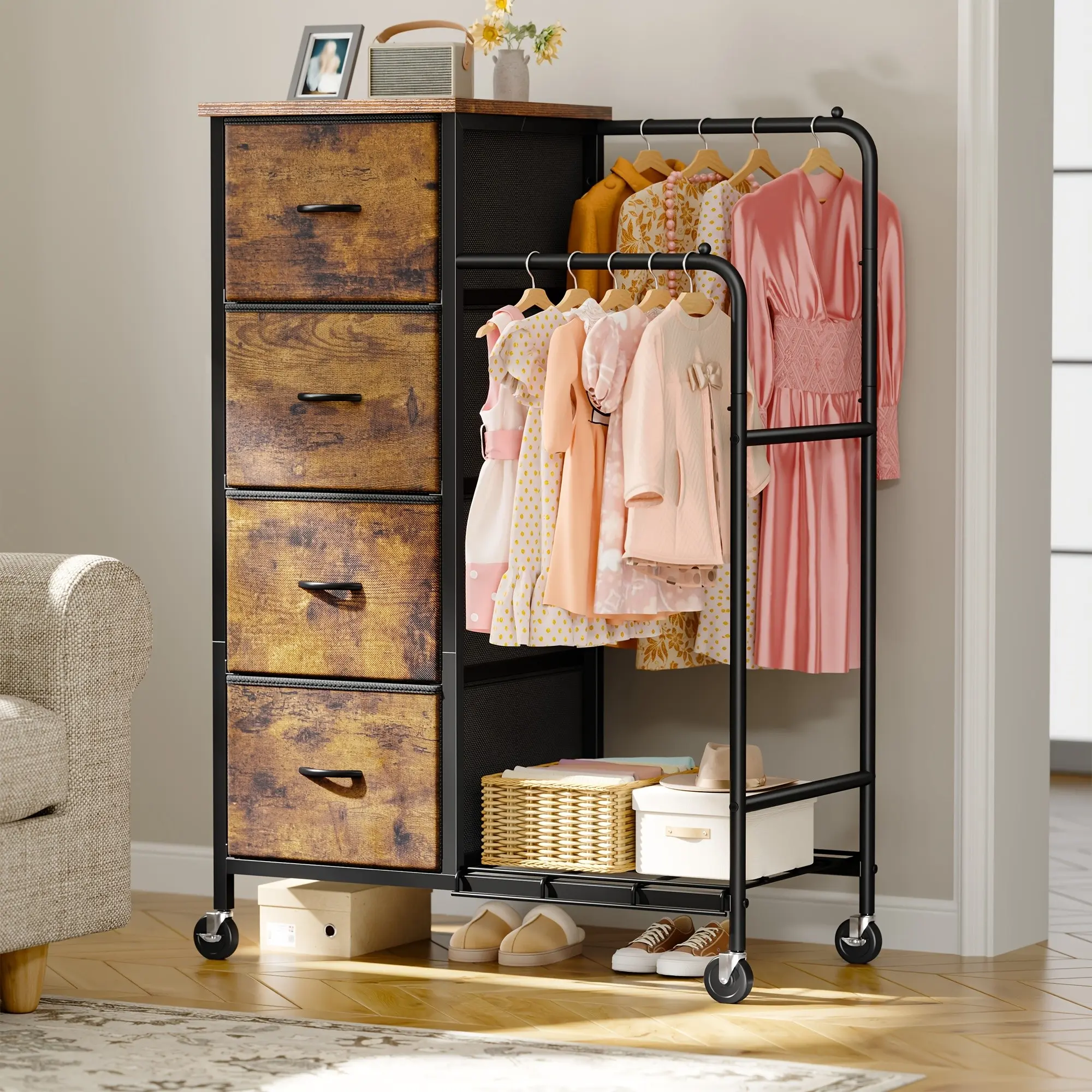 Multifunctional 4-Drawer Dresser with Shelf | Hanging Closet Organizer with Storage Shelf, Easy Assembly Fabric Dresser for Bedroom, Hallway (White/Black Wood Grain/Tiger Grain), Storage Drawer Units