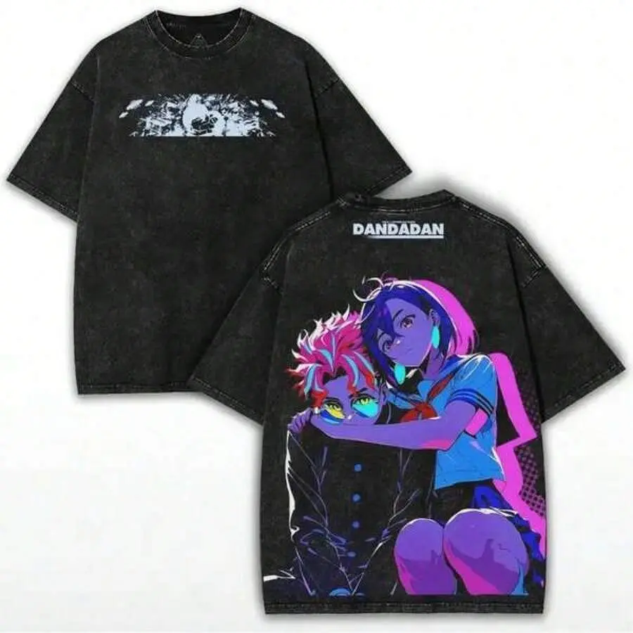 Men's Retro Garment-Washed Short-Sleeve Oversized Graphic Tee - Tops, Fashion Apparel, Dandadan Bold White Text, Neon Purple-Pink Couple Character Art, Dark Alt Streetwear for School, Daily Wear