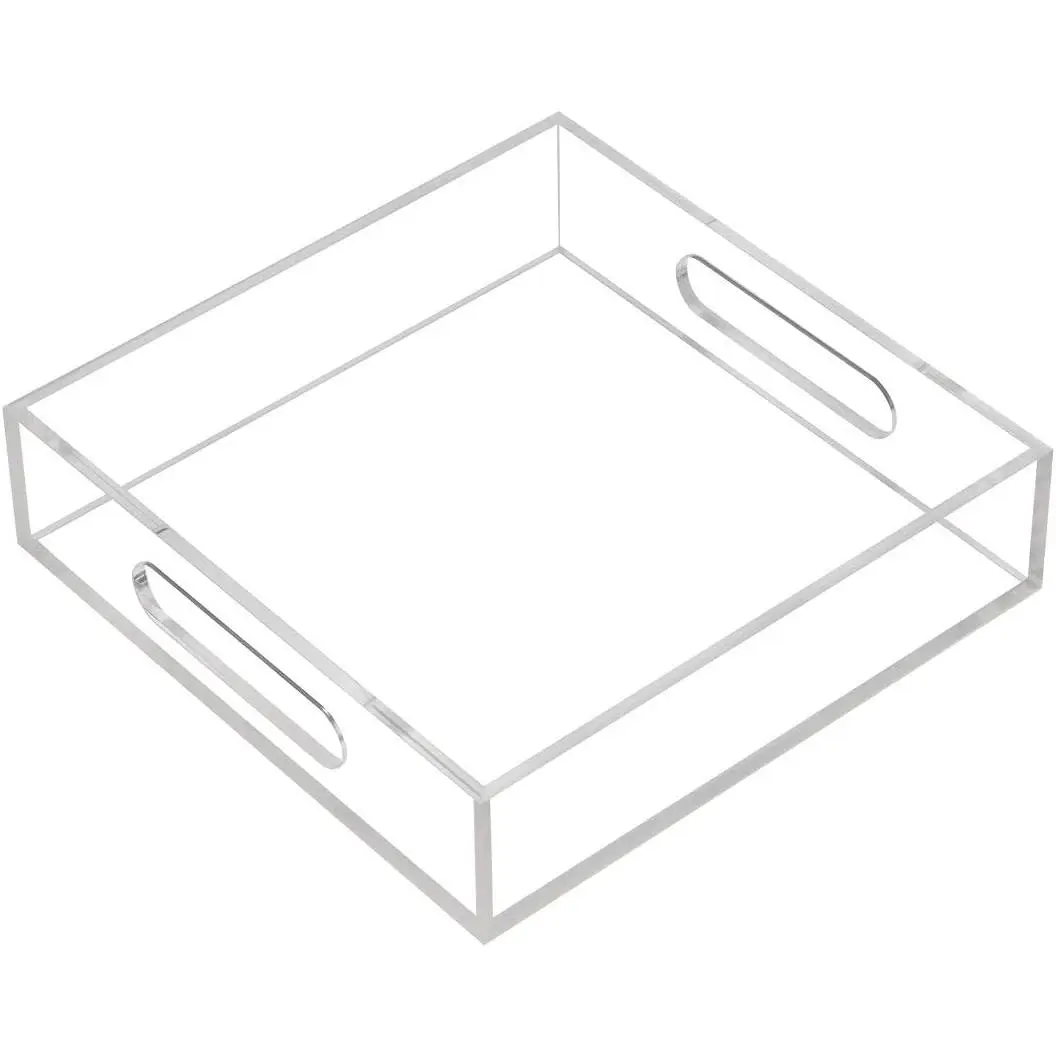 Clear Sturdy Acrylic Tray with Handles-8"x8"x2"H-Countertop Organizer Tray for Kitchen,Bathroom,Office- Storage Box for Cosmetics, Jewelry,Toiletries,Toy,Gadgets
