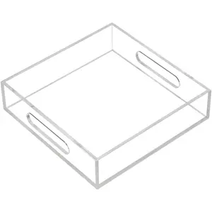 Clear Sturdy Acrylic Tray with Handles-8"x8"x2"H-Countertop Organizer Tray for Kitchen,Bathroom,Office- Storage Box for Cosmetics, Jewelry,Toiletries,Toy,Gadgets