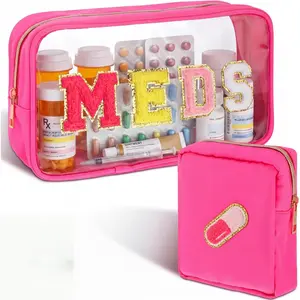 2 Pcs Medicine Bag Chenille Letter Patch Meds Bags Travel Cases Preppy Clear Nylon Portable Makeup Bags Zipper Cosmetic Toiletry Storage for Women PVC Transparent Mini First Aid Bag(Lovely).
