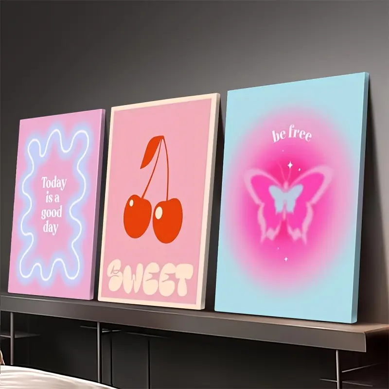 2D flat, framed, 3-piece pink gradient framed poster set, Danish pastel cute room decoration, comfortable dormitory aesthetic wall art print
