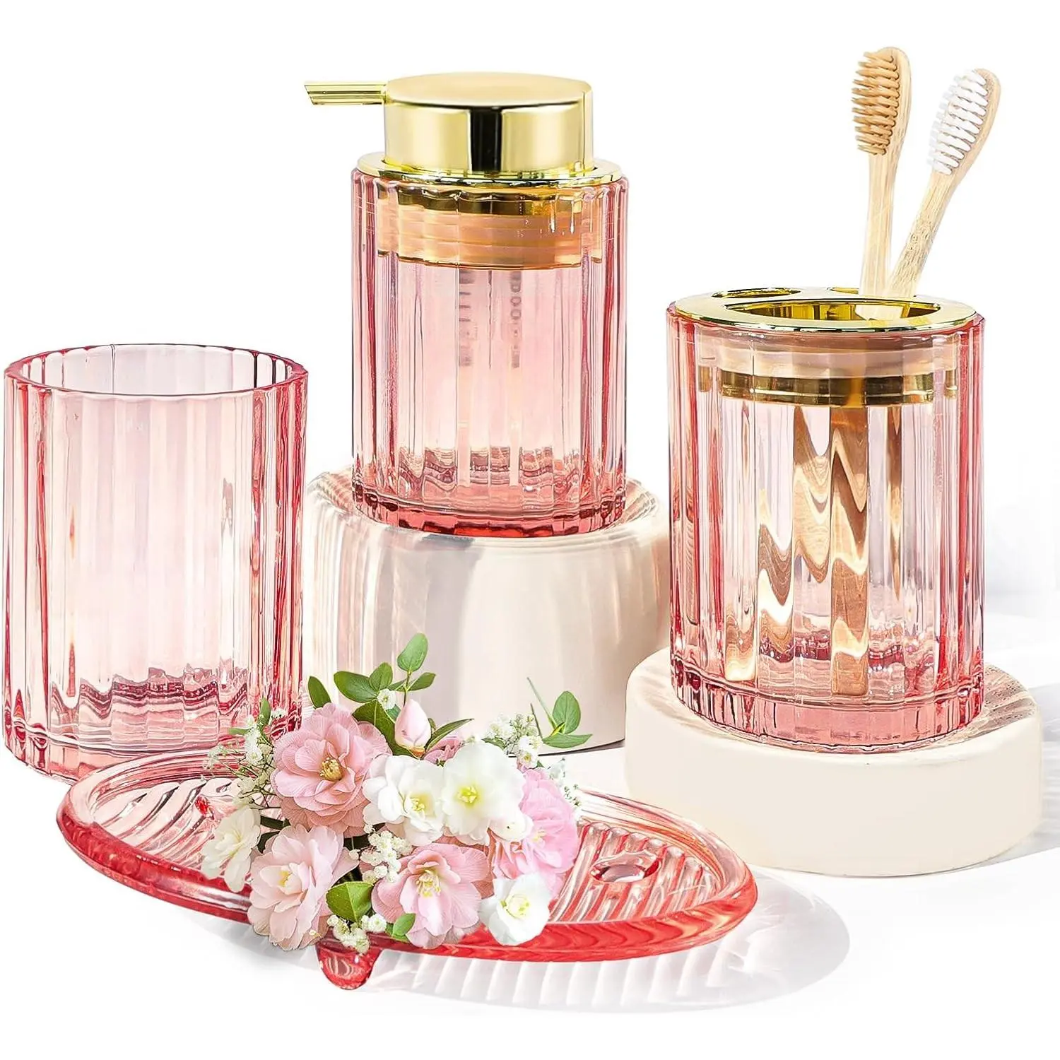 Bathroom Accessories Set, 4 PCS Glass Bathroom Set,Golden Pink | Includes Soap Dispenser, Toothbrush Holder, Toothbrush Cup, Soap Dish for Decorative Countertop and Housewarming Gift